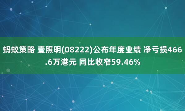 蚂蚁策略 壹照明(08222)公布年度业绩 净亏损466.6万港元 同比收窄59.46%